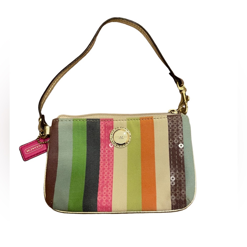 Coach wristlet coin purse rainbow with Coach dangle and gold strap